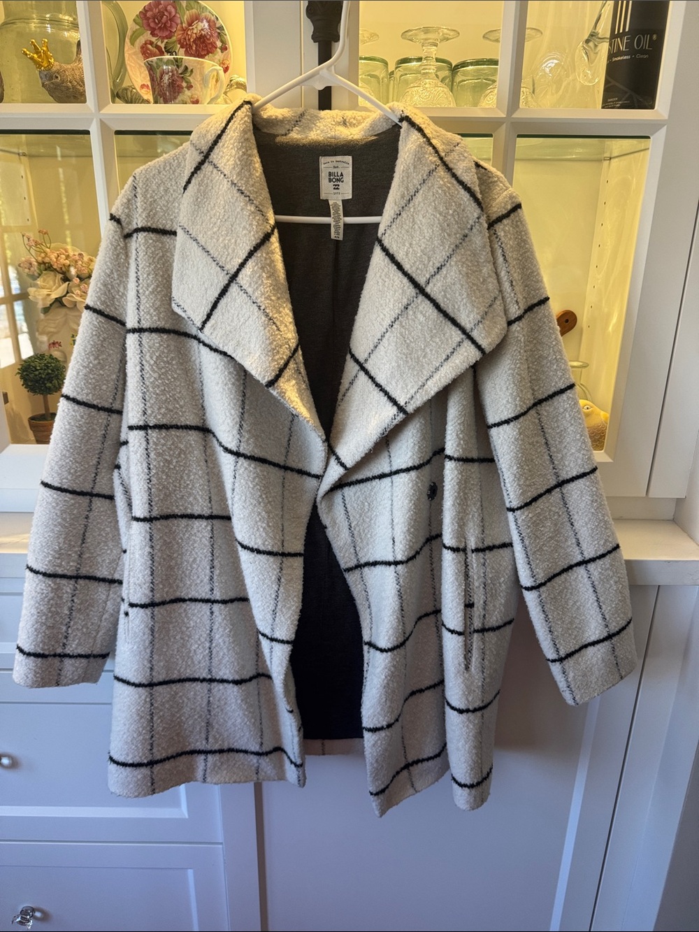 Billabong Cream and Black Windowpane Shawl-Collar Coat